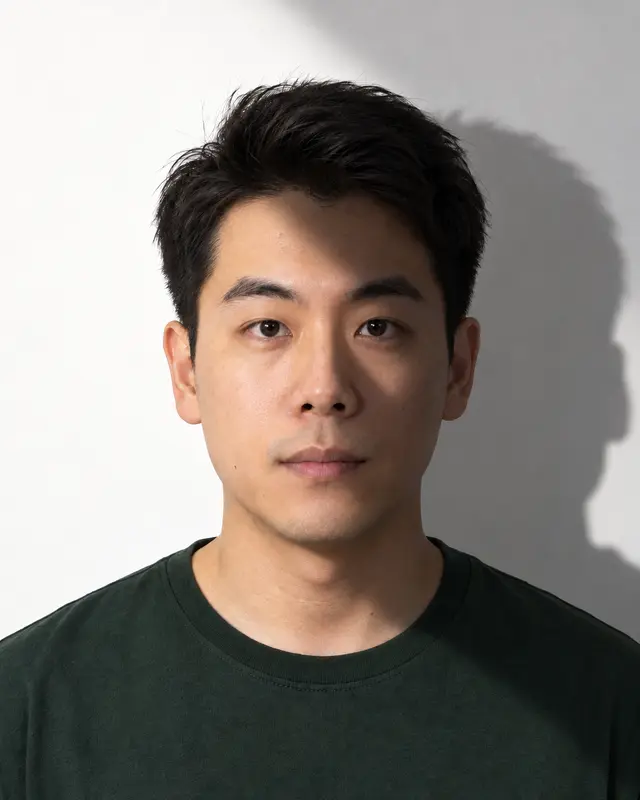 Dark shadow across one side of the face and on the background.